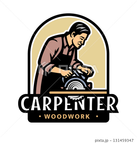 Carpenter with circular saw logo, emblem. 131459347