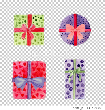 Gift boxes set tied with a ribbon and bow. Watercolor illustration isolated on white. Perfect for Christmas, New Year, birthday, celebration decoration projects. Green purple red. Polka dot and 131459385