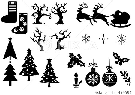 クリスマスアイコンセット(靴下・雪の結晶・ツリー・冬の飾りシルエットイラスト) クリスマスアイコンセット(靴下・雪の結晶・ツリー・冬の飾りシルエットイラスト) 131459594