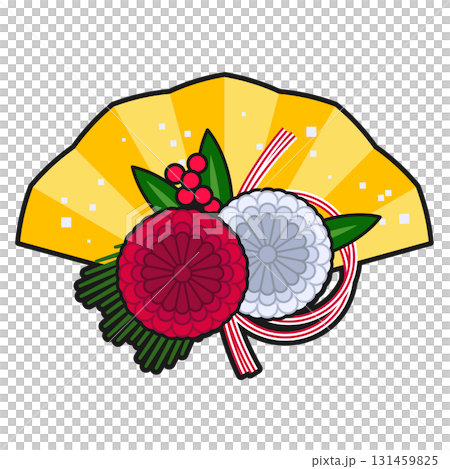 紅白菊と金扇の正月飾り 131459825