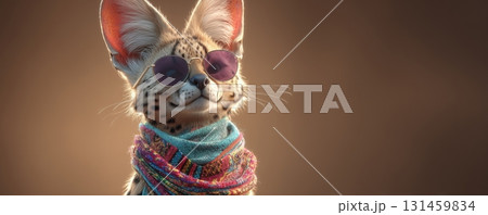 Cool Serval Cat in Sunglasses and Colorful Scarf Cool Serval Cat in Sunglasses and Colorful Scarf 131459834
