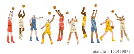 Basketball players in various poses. Set of vector icons isolated on white background Basketball players in various poses. Set of vector icons isolated on white background 131459875
