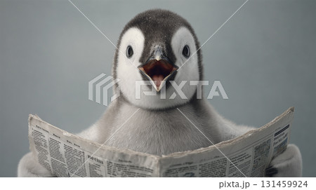 ペンギンの雛が新聞を読み驚く正面表情 ペンギンの雛が新聞を読み驚く正面表情 131459924