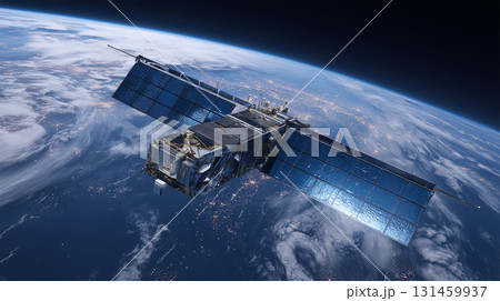 銀河と地球の縁を背に観測衛星が進む静かな情景 131459937