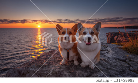 コーギー二匹と海の夕日を見つめる岩場の夕景 コーギー二匹と海の夕日を見つめる岩場の夕景 131459988