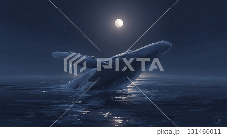 夜光の海で月光に向かうクジラの姿 131460011