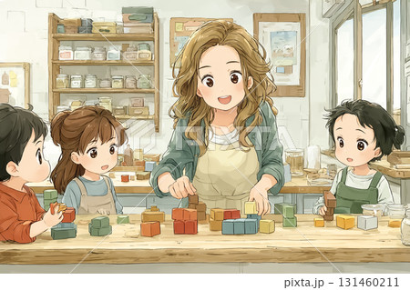 美優シリーズ：子供たちがカラフルなブロックで遊ぶのをサポートするシーン 131460211