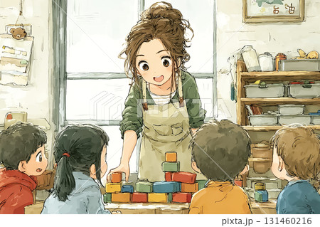 美優シリーズ：子供たちがカラフルなブロックで遊ぶのをサポートするシーン 131460216