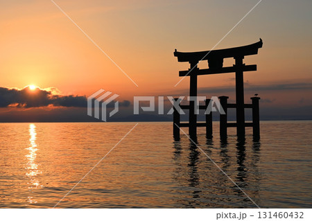 夜明けの琵琶湖中に建つ白鬚神社大鳥居 夜明けの琵琶湖中に建つ白鬚神社大鳥居 131460432
