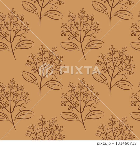 Seamless pattern with line art style cinnamon plant branch and leaf for spice herbal and botanical design themes. 131460715