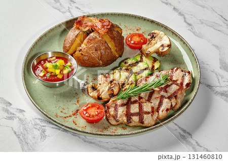 Grilled pork tenderloin with baked potato, grilled vegetables and tomato sauce served on green plate 131460810