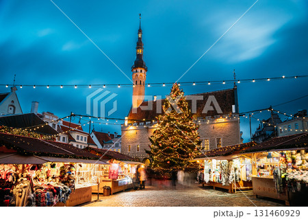 Tallinn, Estonia. Traditional Christmas Market On Town Hall Square. Christmas Tree And Trading Houses. Famous Landmark. 131460929