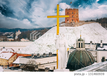 Vilnius Lithuania. Pediment Of Cathedral Basilica Of St. Stanislaus, St. Vladislav With Statues Of St. Elena And St. Stanislaus, Tower Of Gediminas Or Gedimino In Winter Day 131460939