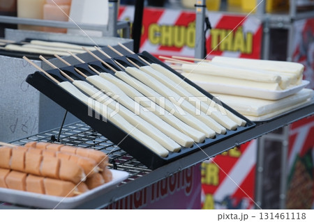 corn dog displayed at supermarket  131461118