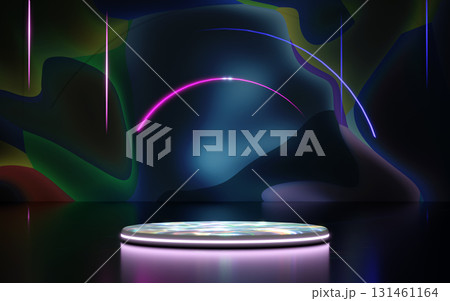 A shimmering circular podium with a neon rim sits on a reflective dark floor, against an abstract background of dark organic shapes and glowing neon arcs and lines, ideal for product display. 131461164