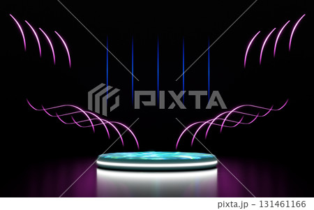 A futuristic 3D render featuring a glowing circular podium with an iridescent top on a dark background. Abstract neon pink light waves and vertical blue lines create a dynamic, tech inspired stage. A futuristic 3D render featuring a glowing circular podium with an iridescent top on a dark background. Abstract neon pink light waves and vertical blue lines create a dynamic, tech inspired stage. 131461166