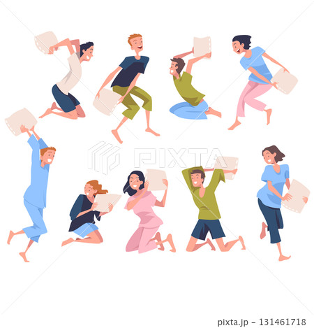 Pajama Party with Man and Woman Character Pillow Fight Vector Set Pajama Party with Man and Woman Character Pillow Fight Vector Set 131461718
