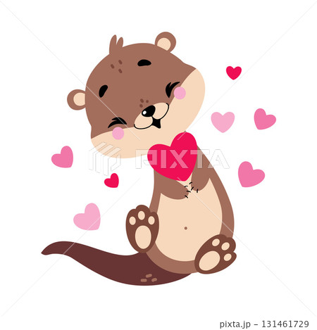 Cute Otter Animal Character with Pink Heart Vector Illustration Cute Otter Animal Character with Pink Heart Vector Illustration 131461729