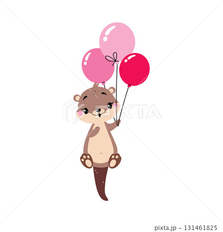 Cute Otter Animal Character with Pink Balloon Vector Illustration 131461825