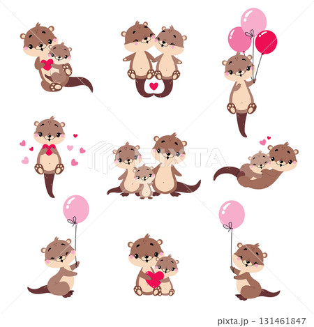 Cute Otter Animal Character with Baby Vector Set Cute Otter Animal Character with Baby Vector Set 131461847
