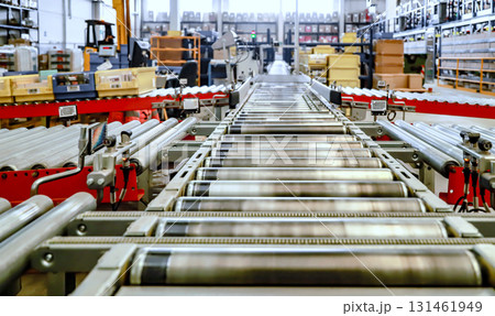 logistic warehouse. packing line in a logistics warehouse. conveyor belt in a modern production line 131461949