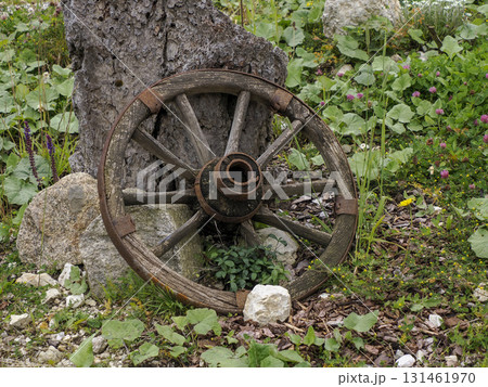 abandoned old wagon wheel detail 131461970