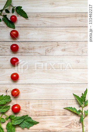 List menu cherry tomatoes on wooden table background 131462217