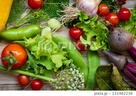 Autumn fresh vegetables on wooden table background 131462230