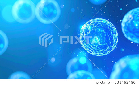 青い背景に浮かぶ発光する細胞の集合 131462480