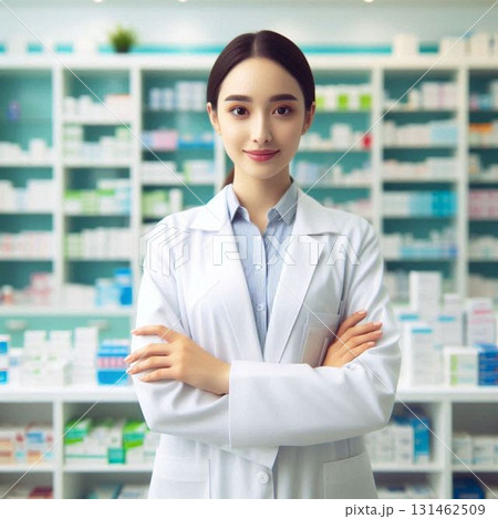 調剤薬局で働く女性薬剤師、笑顔で対応する医療スタッフ 調剤薬局で働く女性薬剤師、笑顔で対応する医療スタッフ 131462509