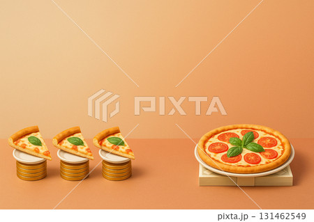 ピザ・マルゲリータで表す株式分割と併合の金融イメージ 131462549