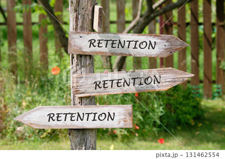 Corporate law, contracts, compliance concept. Copy space. RETENTION written on Wooden signs indicating the directions of movement 131462554