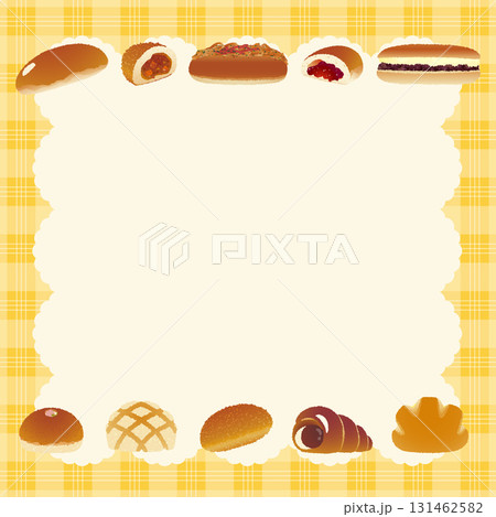 パンのフレーム_懐かしいパン勢揃い_チェック柄のテーブルクロスとランチマット_正方形黄橙色 131462582