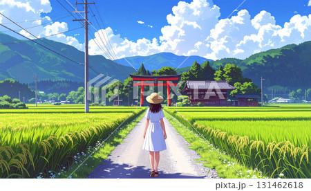 夏の田舎道と鳥居のある日本の原風景_2 131462618