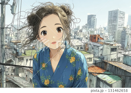 美優シリーズ:青空の下に立つ着物姿の若い女性 美優シリーズ:青空の下に立つ着物姿の若い女性 131462658