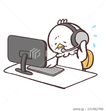 カスタマーセンターで働く白い鳥のオペレーターが困っているイラスト 131462700