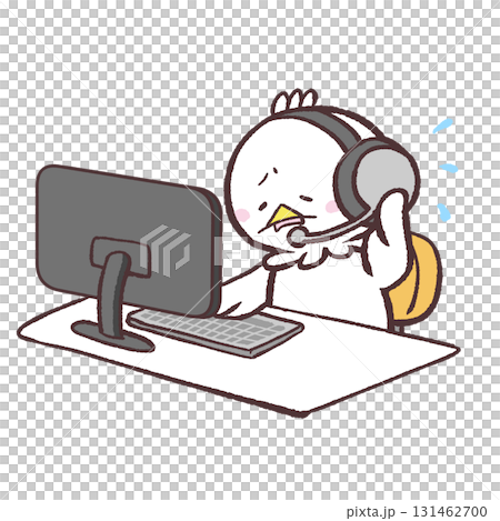 カスタマーセンターで働く白い鳥のオペレーターが困っているイラスト 131462700