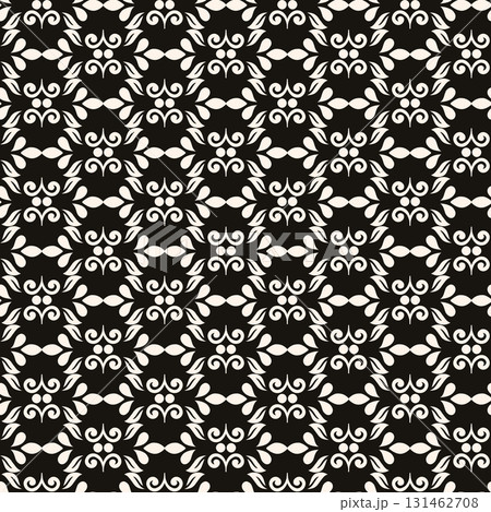 Simple minimalist floral pattern. Minimal seamless texture with small flower shapes. Abstract black and white geometric background. For print, package 131462708