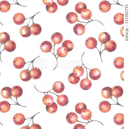 Seamless pattern with red berries. Hand-painted watercolor illustration isolated on white for printing on textile, wallpaper, packaging, cards, invitations, posters, backgrounds, seasonal decor 131462733