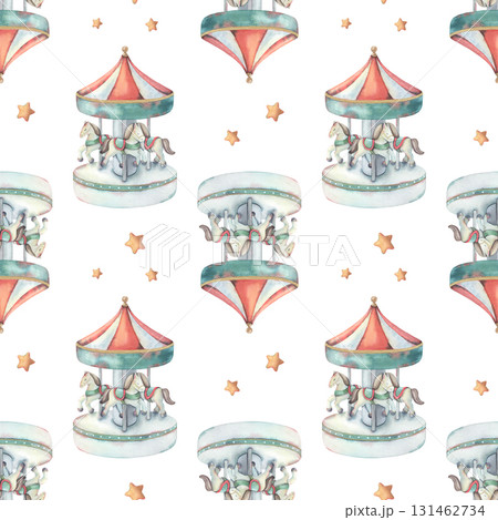 Seamless pattern, merry-go-round carousel, stars. Hand-painted watercolor illustration, ornament isolated on white for printing on textile, wallpaper, packaging, stationery, festive, children decor Seamless pattern, merry-go-round carousel, stars. Hand-painted watercolor illustration, ornament isolated on white for printing on textile, wallpaper, packaging, stationery, festive, children decor 131462734