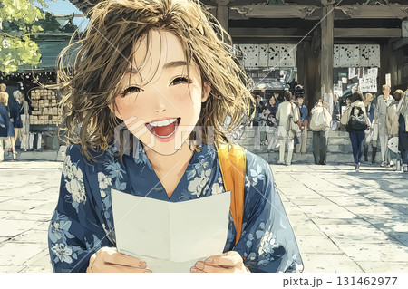 美優シリーズ：昼の神社境内でおみくじを読む浴衣の女性 131462977