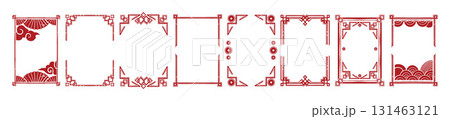 Chinese 2026 oriental New Year geometric frame, vector hand drawn festive traditional red border set 131463121