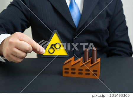 An industrial plant has been seized. Operations are paralyzed, and its accounts are frozen. Concept for crisis, sanctions, bankruptcy and political or economic disputes. 131463300