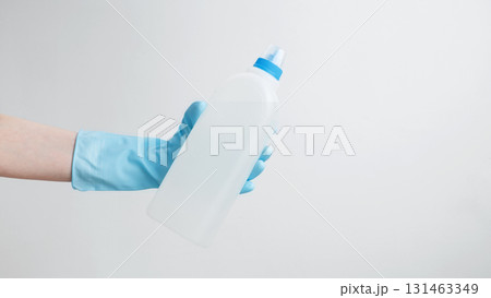 Household cleaning and hygiene concept. Cleaning supplies branding mockup, ready for a productive and satisfying spring refresh 131463349