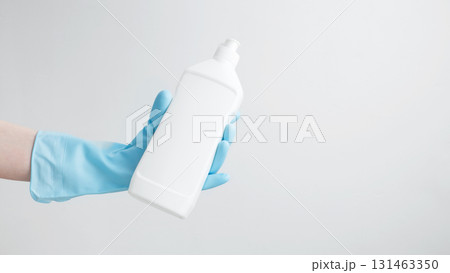 Household cleaning and hygiene concept. Cleaning supplies branding mockup, ready for a productive and satisfying spring refresh 131463350