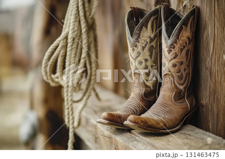 Close up cowboy boots wooden fence saddle rope rustic western gear 131463475