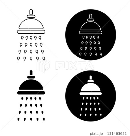 Set of Shower Head Icon Vector Illustration. Each shower head is depicted with streams of water drops falling down, representing bathroom, hygiene and water usage concepts. 131463631