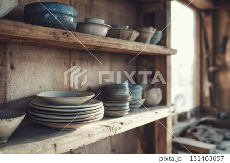 Vintage ceramic dishes on open wooden shelves in rustic kitchen Vintage ceramic dishes on open wooden shelves in rustic kitchen 131463657