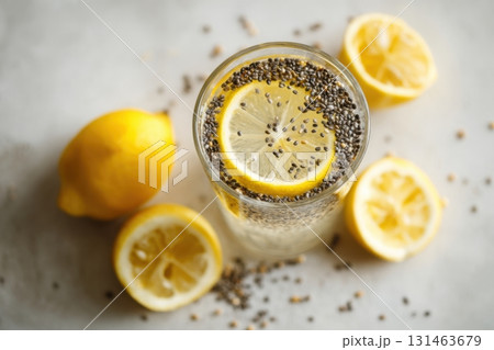 Chia lemon honey detox drink with floating seeds healthy summer minimal setup refreshing wellness beverage 131463679