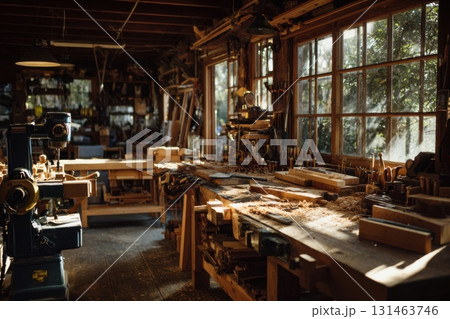 Workshop with traditional woodworking tools and modern power tools craftsman working 131463746